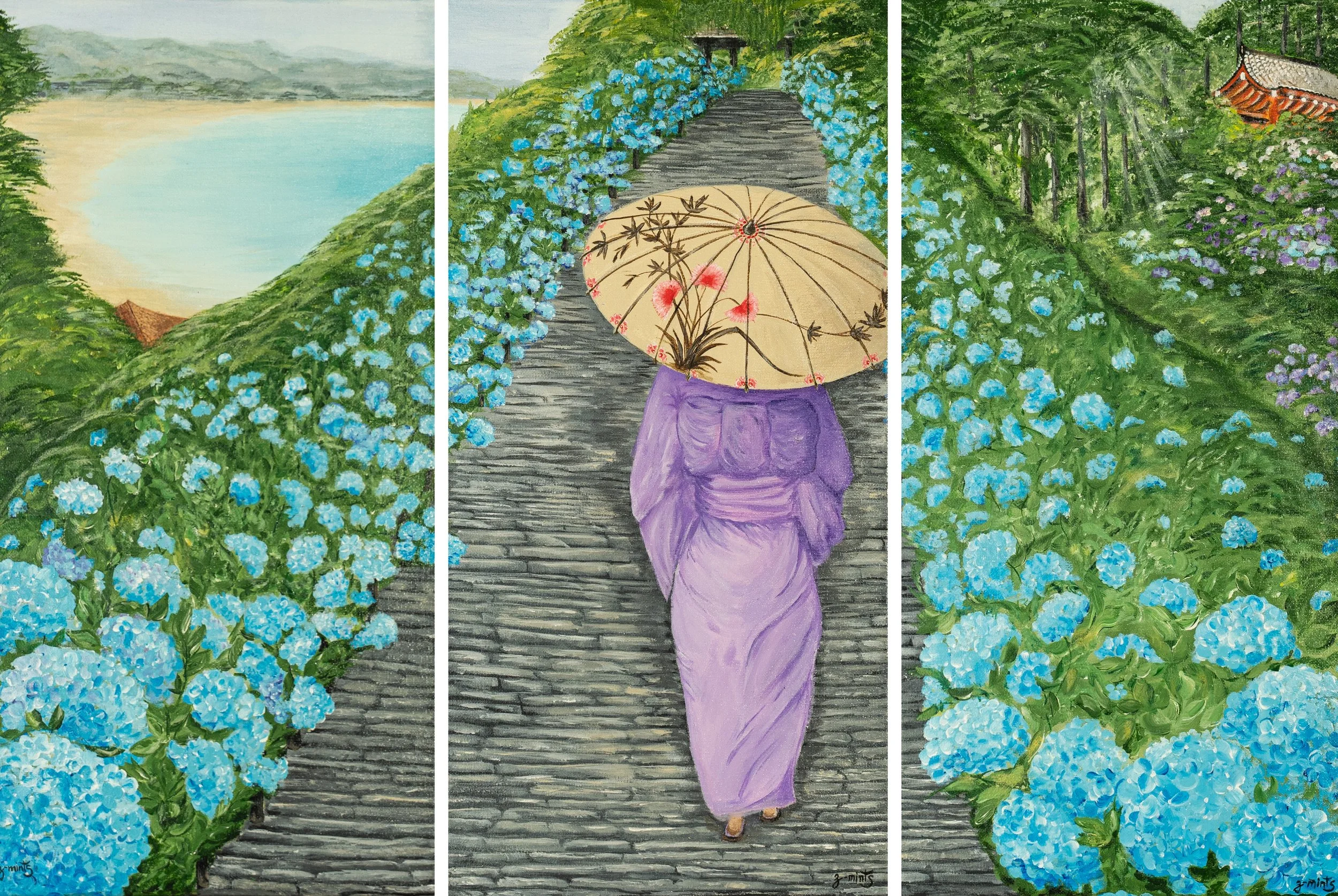 Hydrangeas at Kamakura Temple (Japan) | Acrylics on stretched canvas | triptych 3 x 10" x 20"