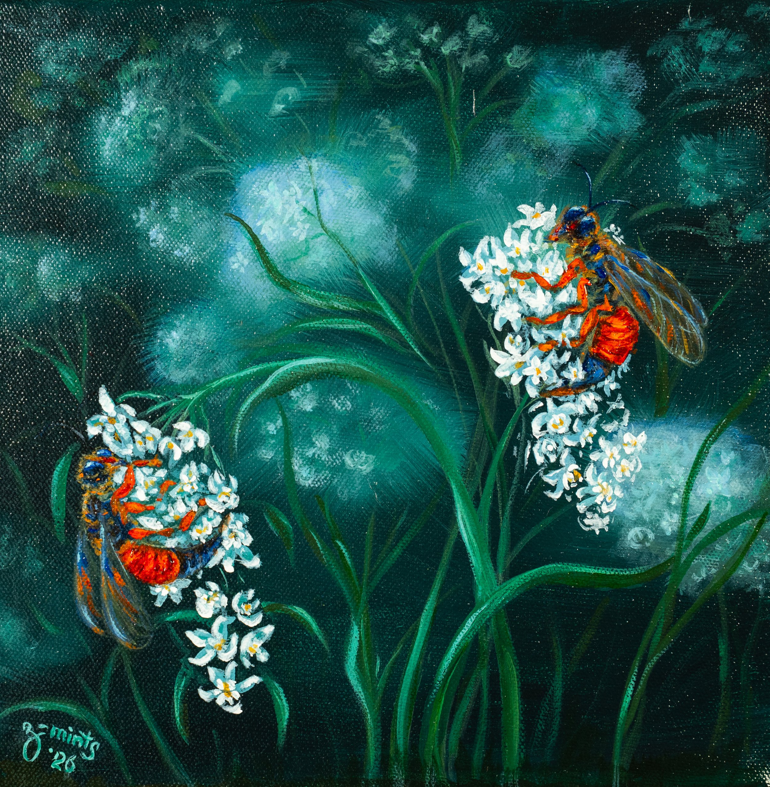 Painting of a bees on white flowers with a green and blue blurred background.