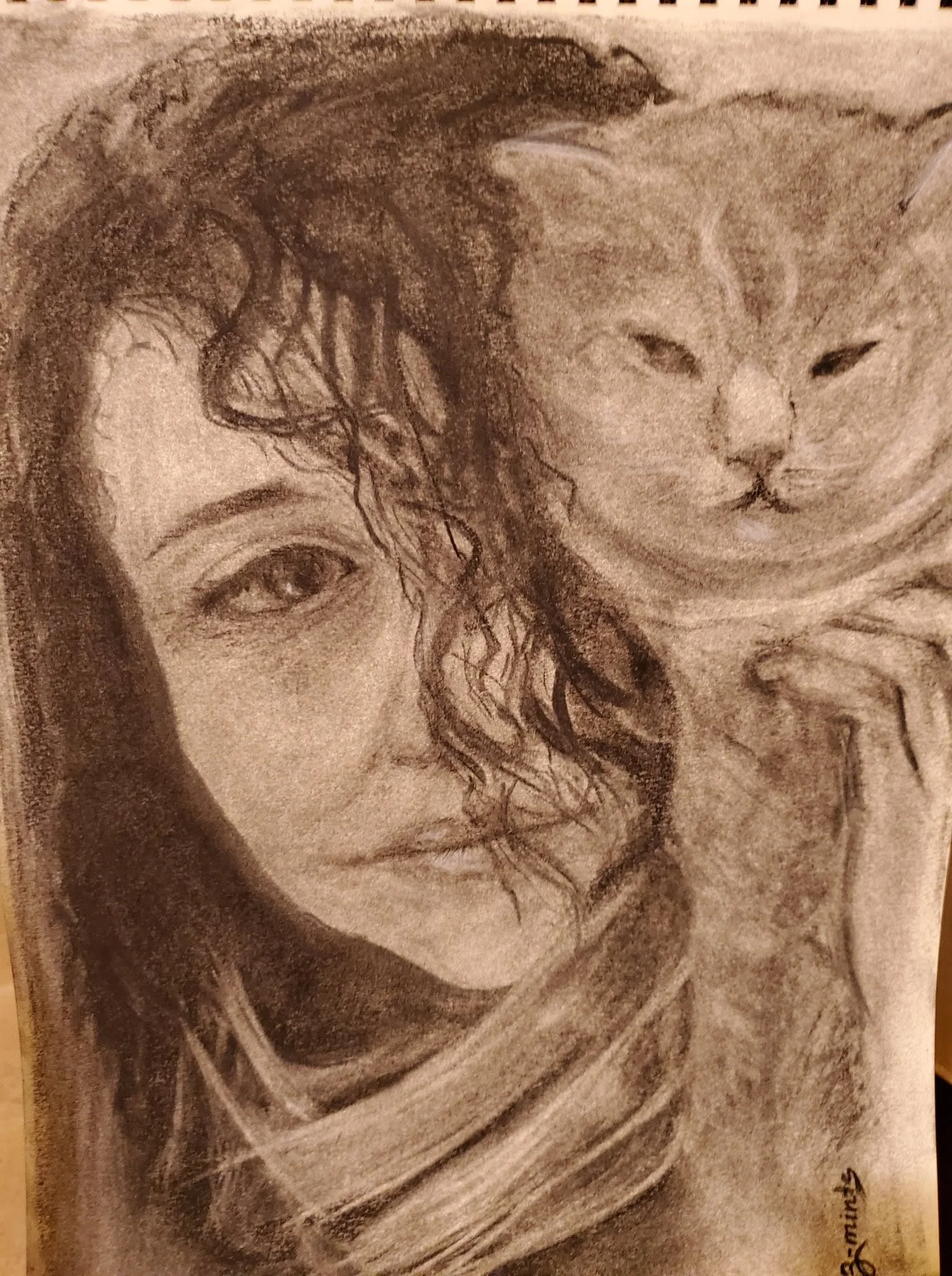 Masha and the cat | Charcoal on paper