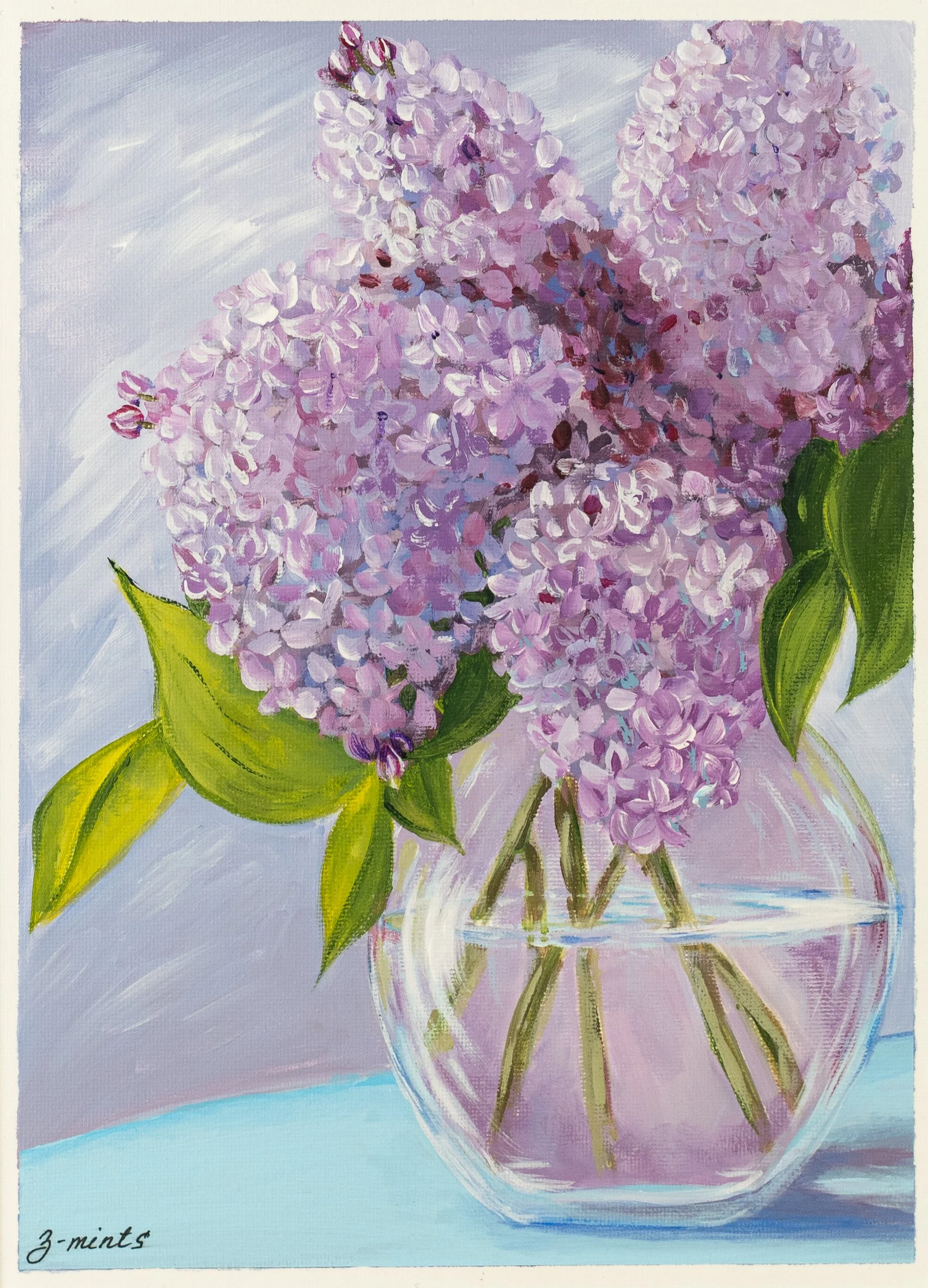 Lilacs in a simple vase | Acrylics on canvas board 
