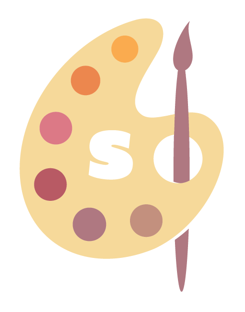 Illustration of an artist's paint palette with six colored paint spots, a white 'S' letter, and a brown paintbrush.