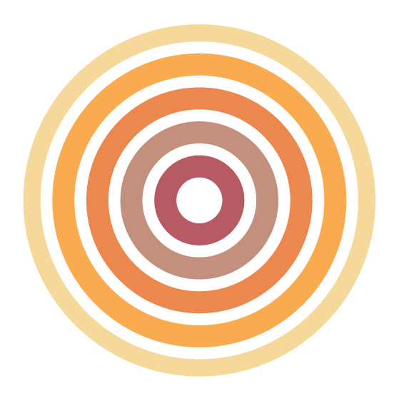 Colorful concentric circles in beige, orange, brown, and pink on a black background.