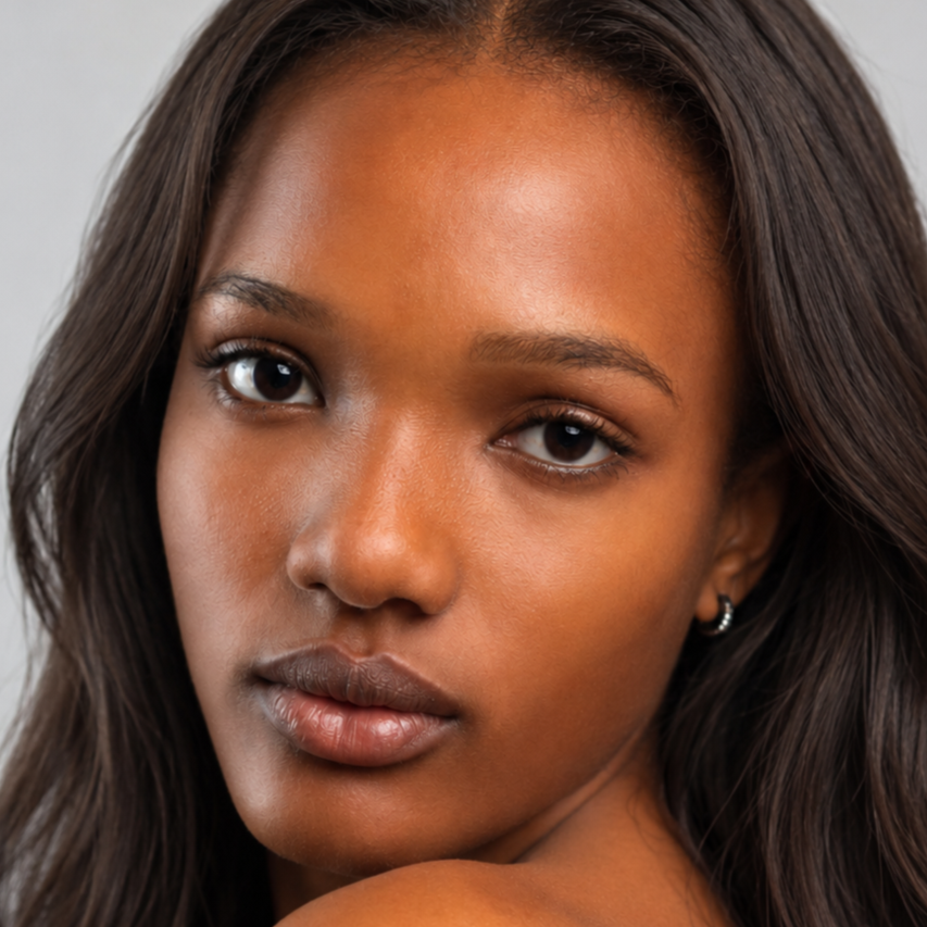 Close-up portrait of a young woman with smooth skin, almond-shaped eyes, full lips, and long dark hair.