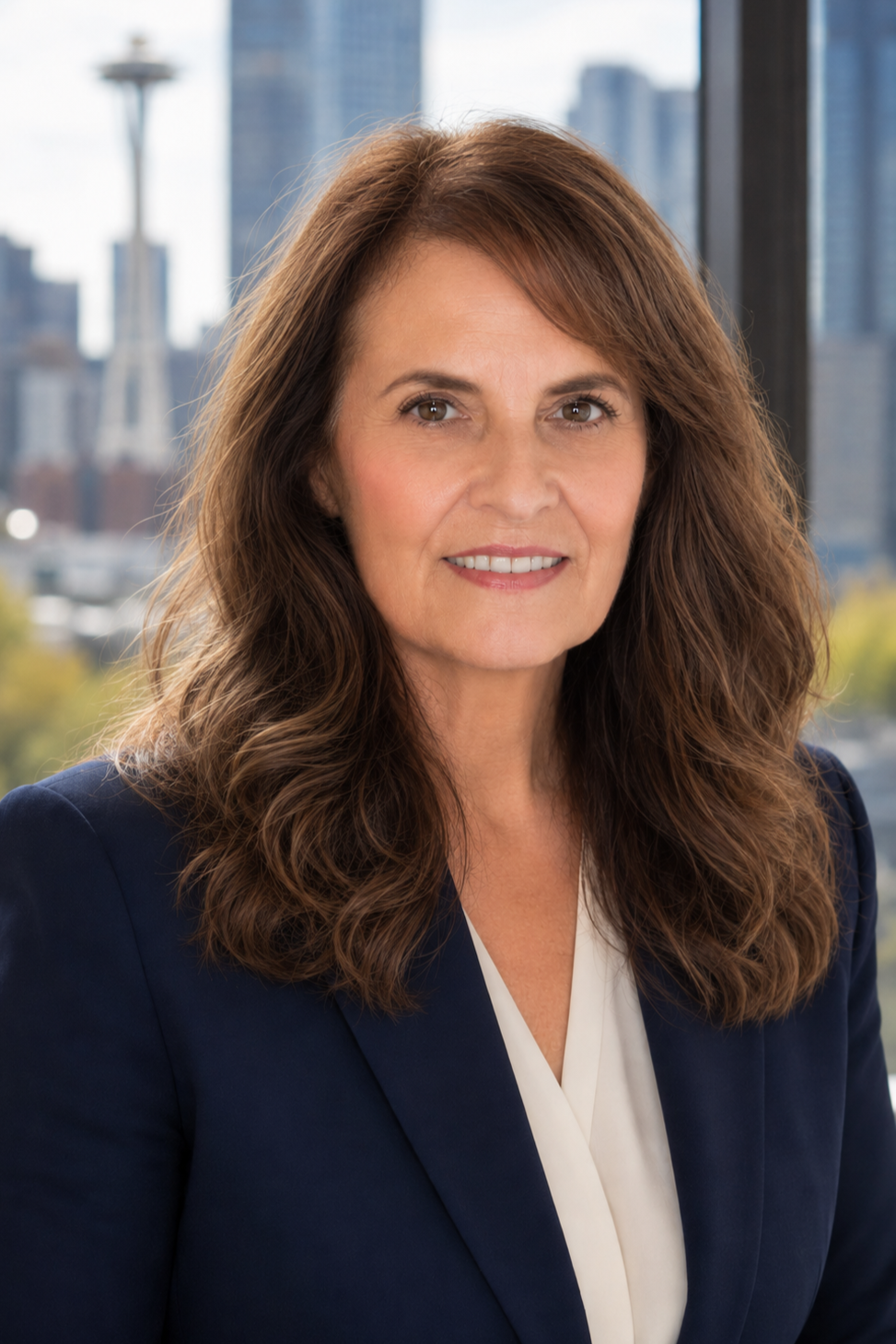 A woman with long brown hair, wearing a dark blazer and white blouse, smiling in front of a large window with an urban cityscape in the background.