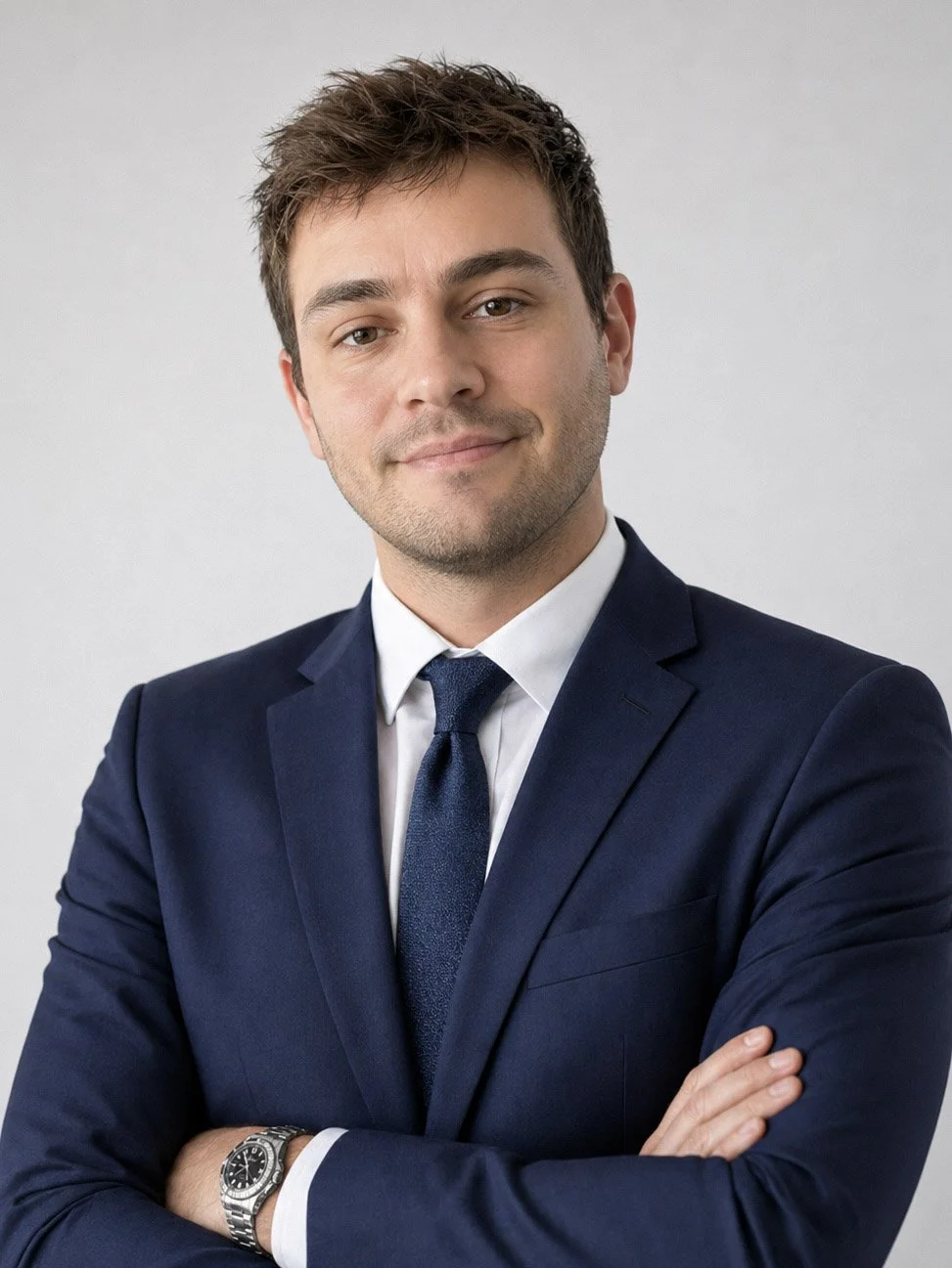 A young man in a dark suit with a white shirt and dark tie, smiling with arms crossed against a plain light gray background.