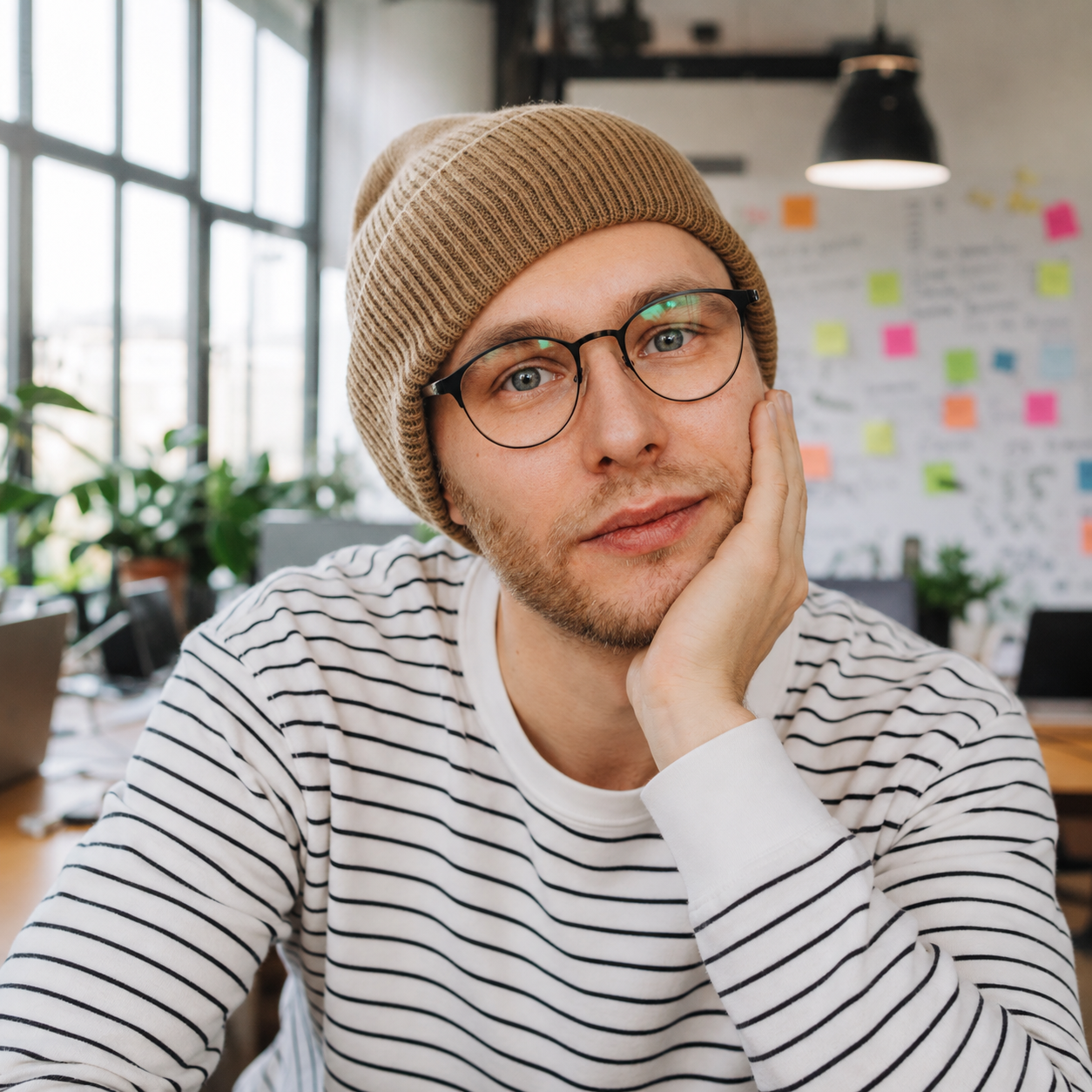 Professional office headshot of a man wearing glasses and a knit beanie in a modern creative workspace.