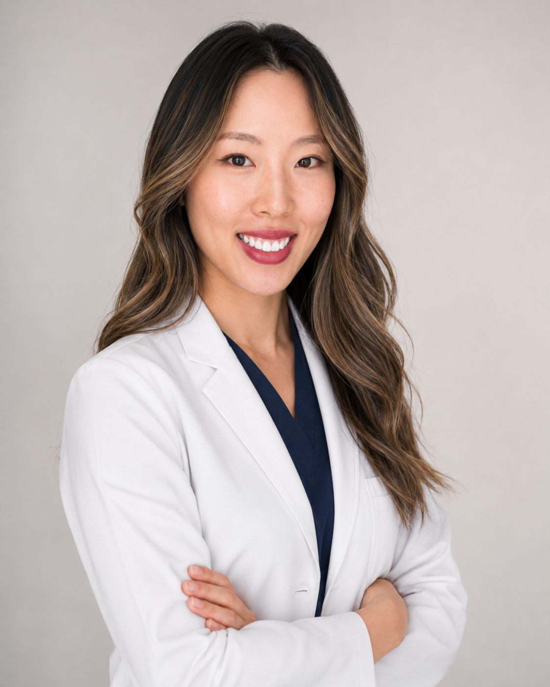 A woman with long wavy brown hair wearing a white lab coat and navy blue scrubs beneath, smiling with arms crossed, against a light grey background.