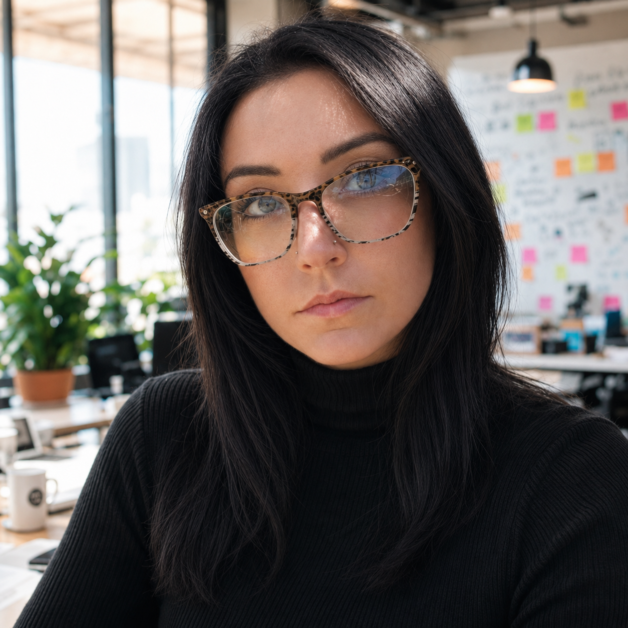 Close-up of a woman with black hair wearing tortoiseshell glasses and a black turtleneck in an office environment, with a whiteboard full of colorful sticky notes in the background.