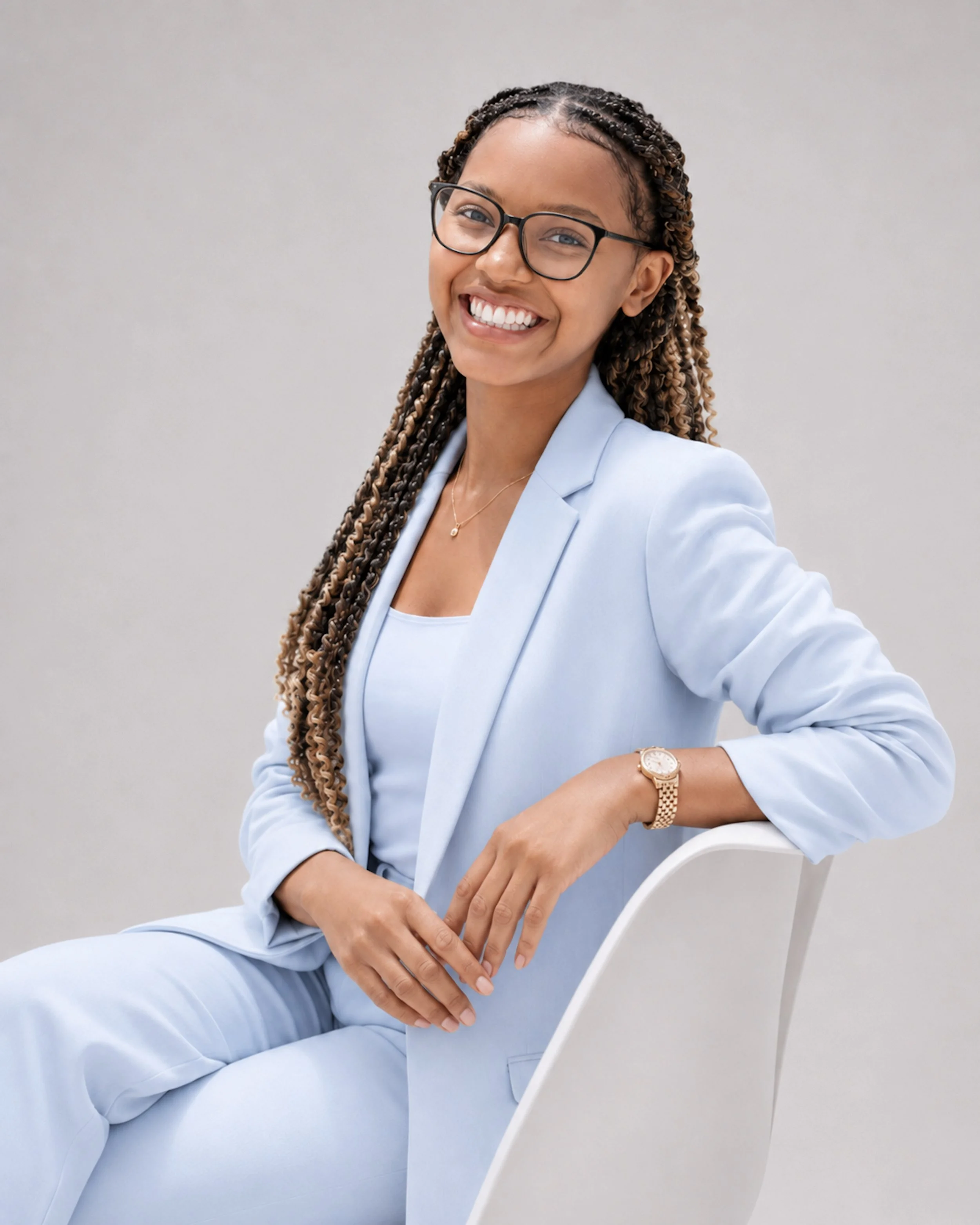 Professional branding portrait of a smiling woman in a light blue suit seated against a clean neutral background.