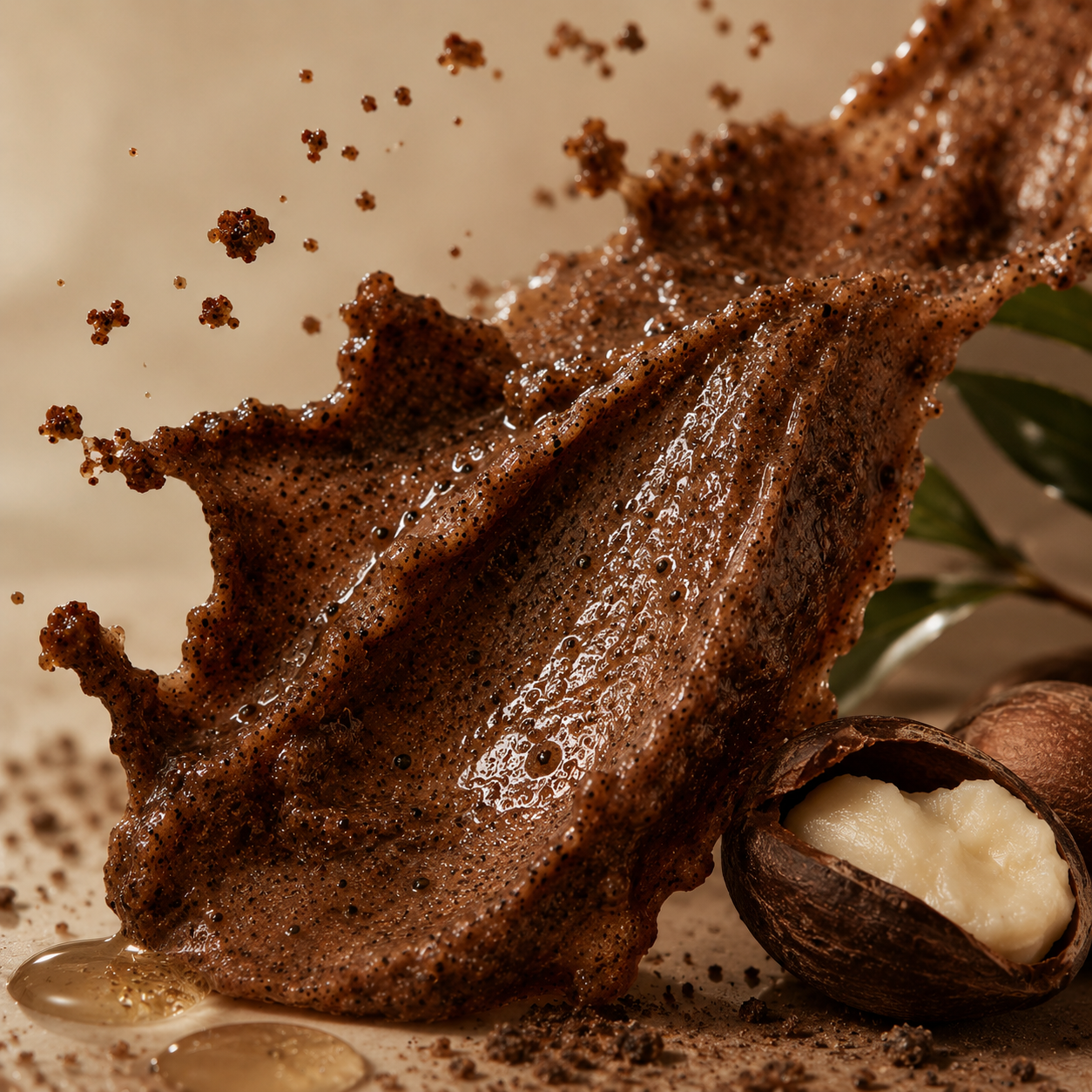 Close-up of a folded, textured piece of chocolate brittle with scattered crumbs and drizzles of honey, next to a halved chocolate truffle with creamy filling and some hazelnuts in the background.