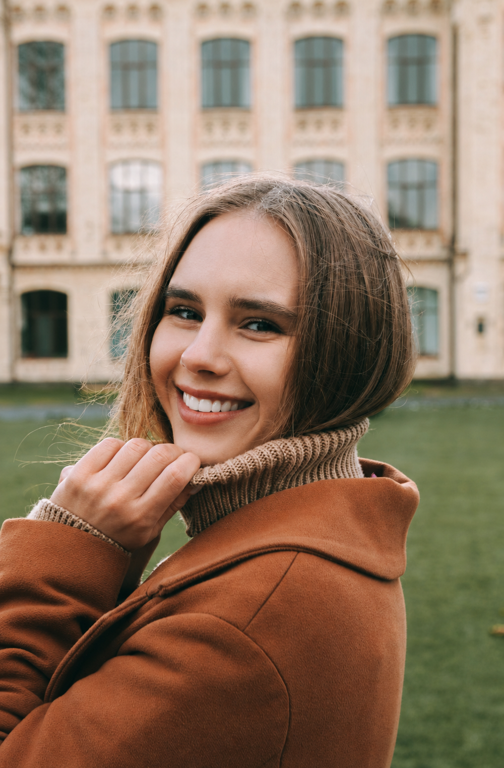 A young woman with brown hair and a bright smile, wearing a tan coat and brown turtleneck, standing outside near a historical building with large windows and brickwork.