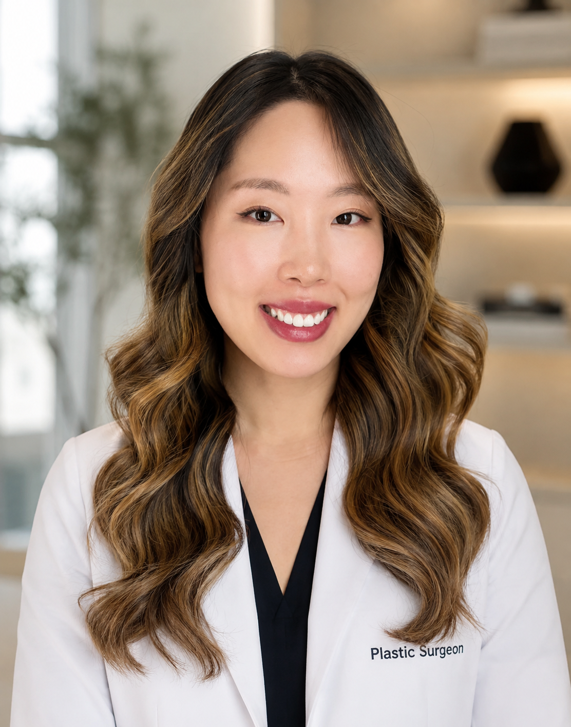 A smiling woman in a white coat with 'Plastic Surgeon' embroidered on it, in a well-lit indoor setting with blurred background.