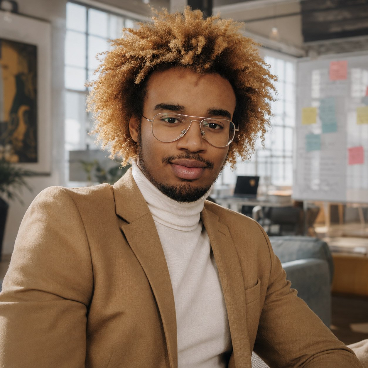 Portrait of a young man with curly blonde hair, glasses, and a light beard, wearing a tan blazer and white turtleneck, in a modern office setting with large windows and a whiteboard in the background.