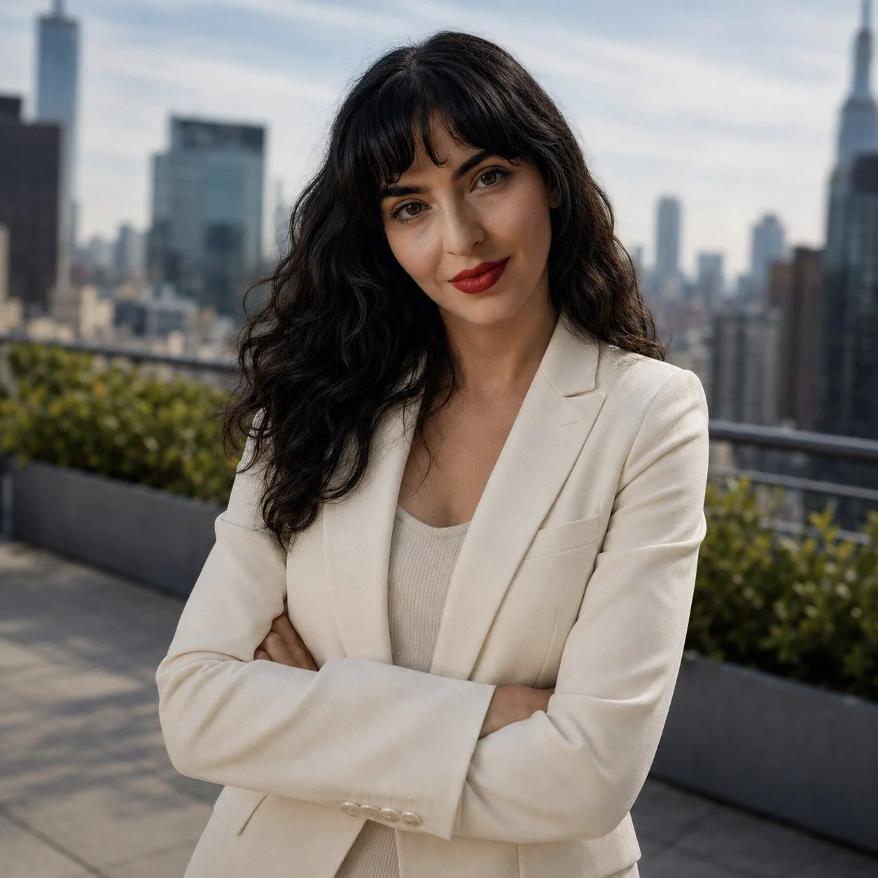 A woman with dark, curly hair and red lipstick stands on a rooftop with a city skyline behind her. She is wearing a cream-colored blazer and a matching top, with arms crossed and a confident expression.