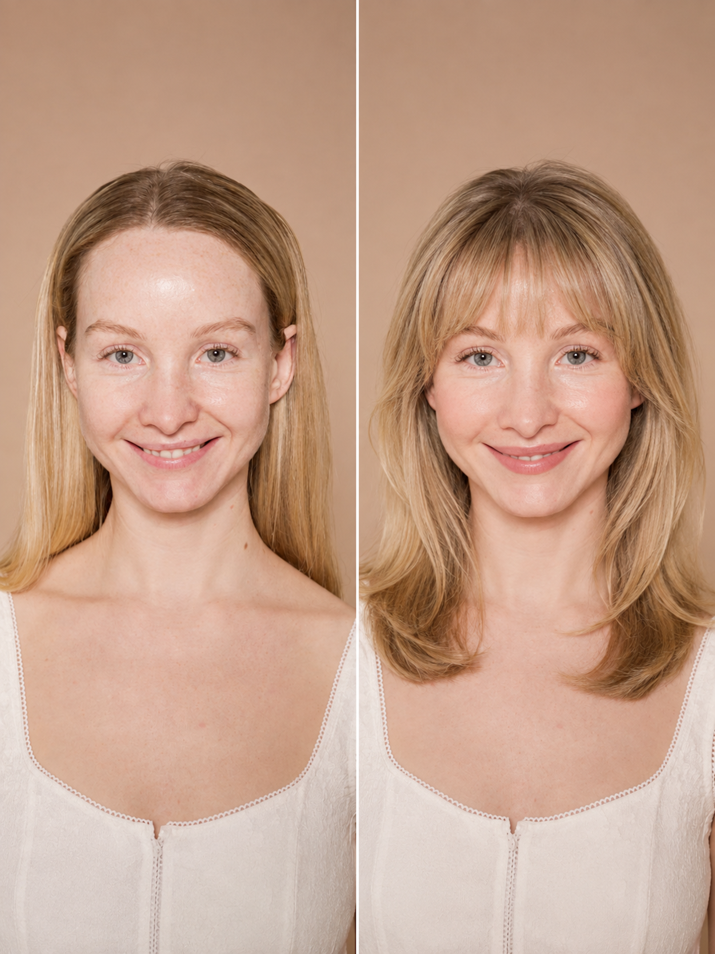 Comparison of a woman's face before and after makeup or cosmetic treatment, showing improvements in skin texture and appearance.