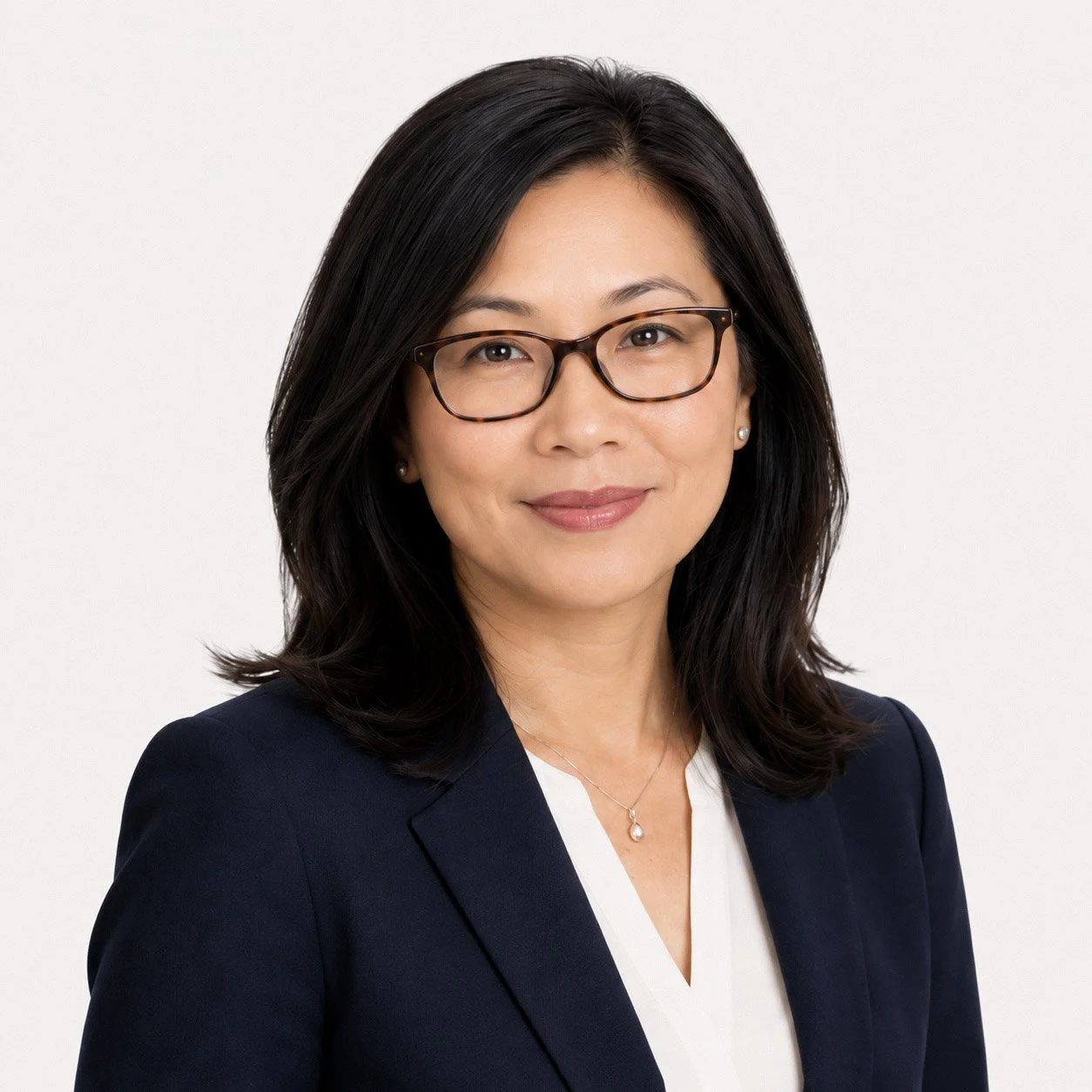 Professional headshot of a woman with shoulder-length dark hair, glasses, wearing a navy blazer over a white top, smiling at the camera against a plain white background.