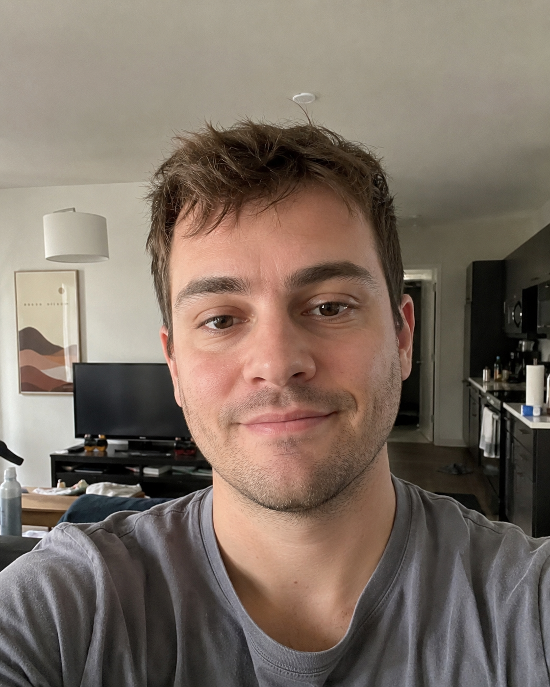A young man with short, tousled brown hair and light skin smiling in a living room. In the background, there is a TV, a framed artwork, and a kitchen area with black cabinets and various items on the countertop.
