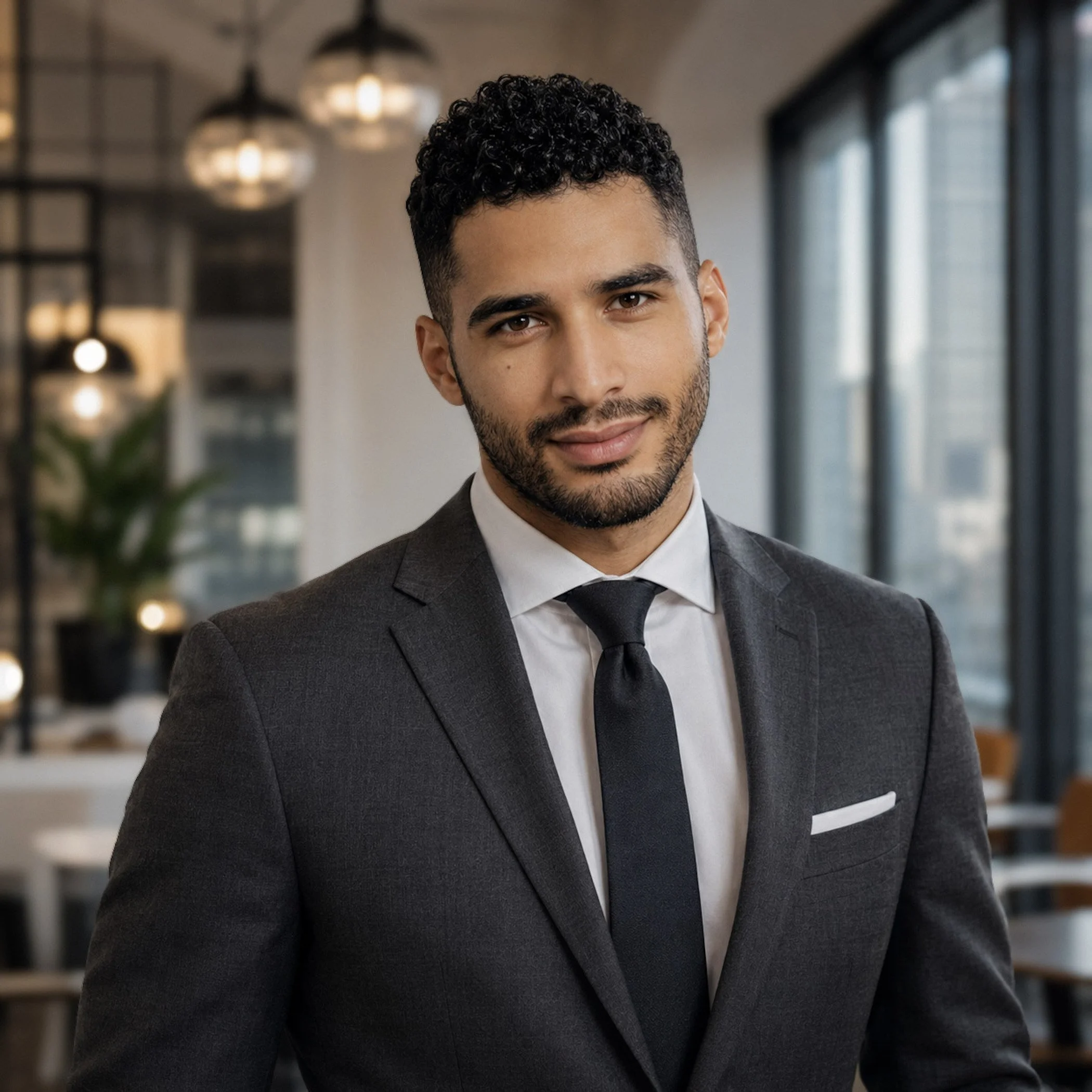 Close-up of a young man in a suit and tie, smiling, with a blurred background of a modern, well-lit office or indoor space.