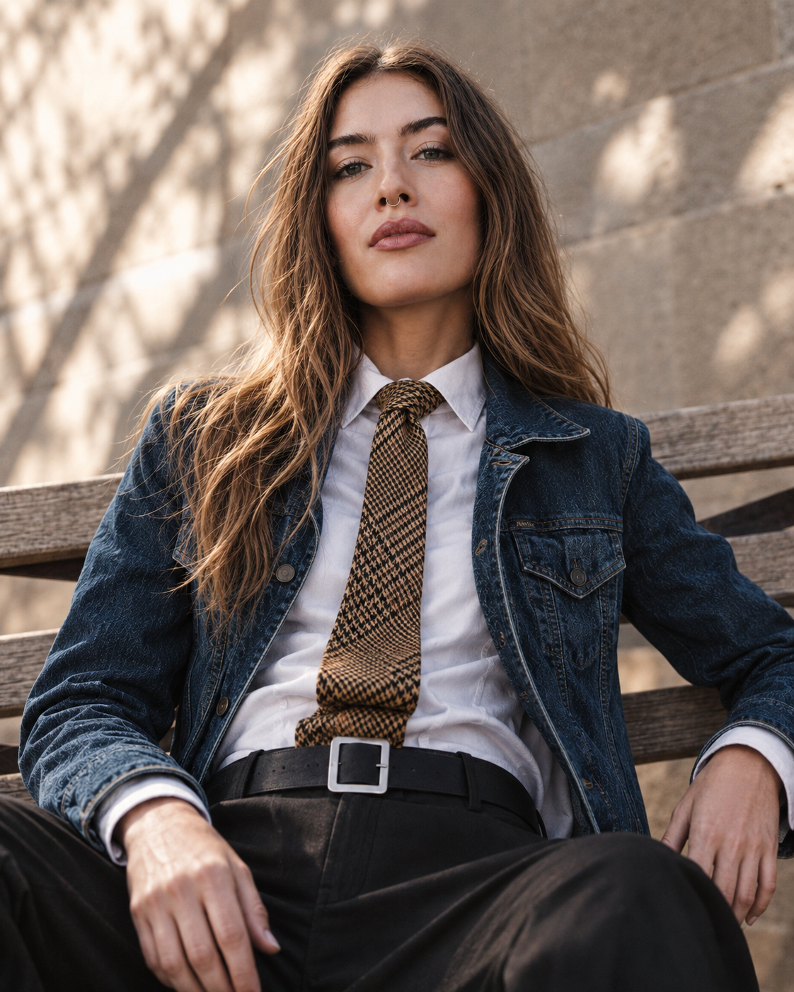 Personal branding portrait of a woman in a denim jacket and tie seated outdoors against an architectural background.