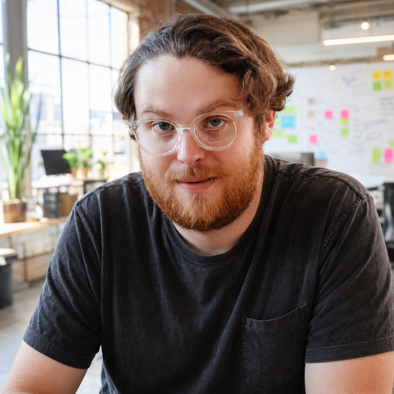 A young man with glasses and a beard sitting in an office workspace with large windows, plants, and a whiteboard with colorful sticky notes in the background.