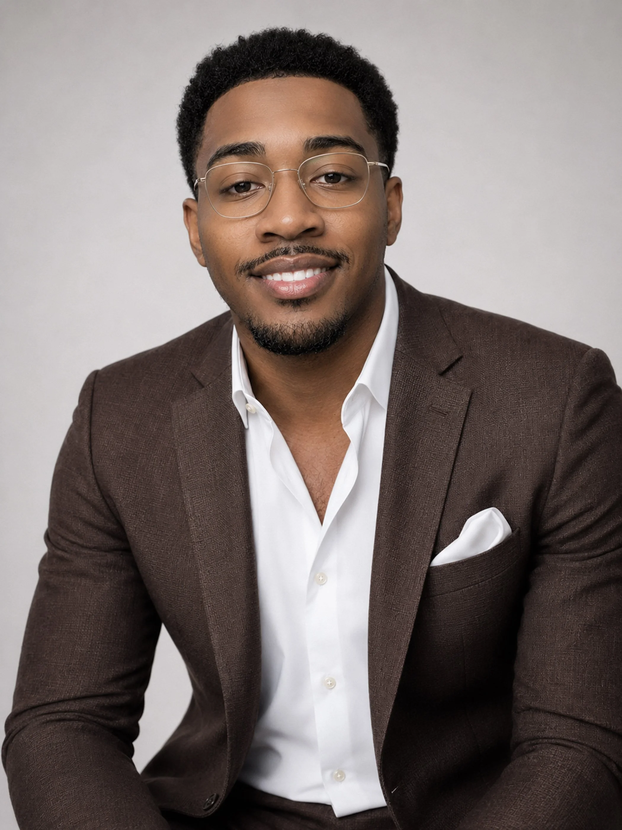 A man with glasses and a goatee smiling, dressed in a brown suit and white shirt against a plain gray background.