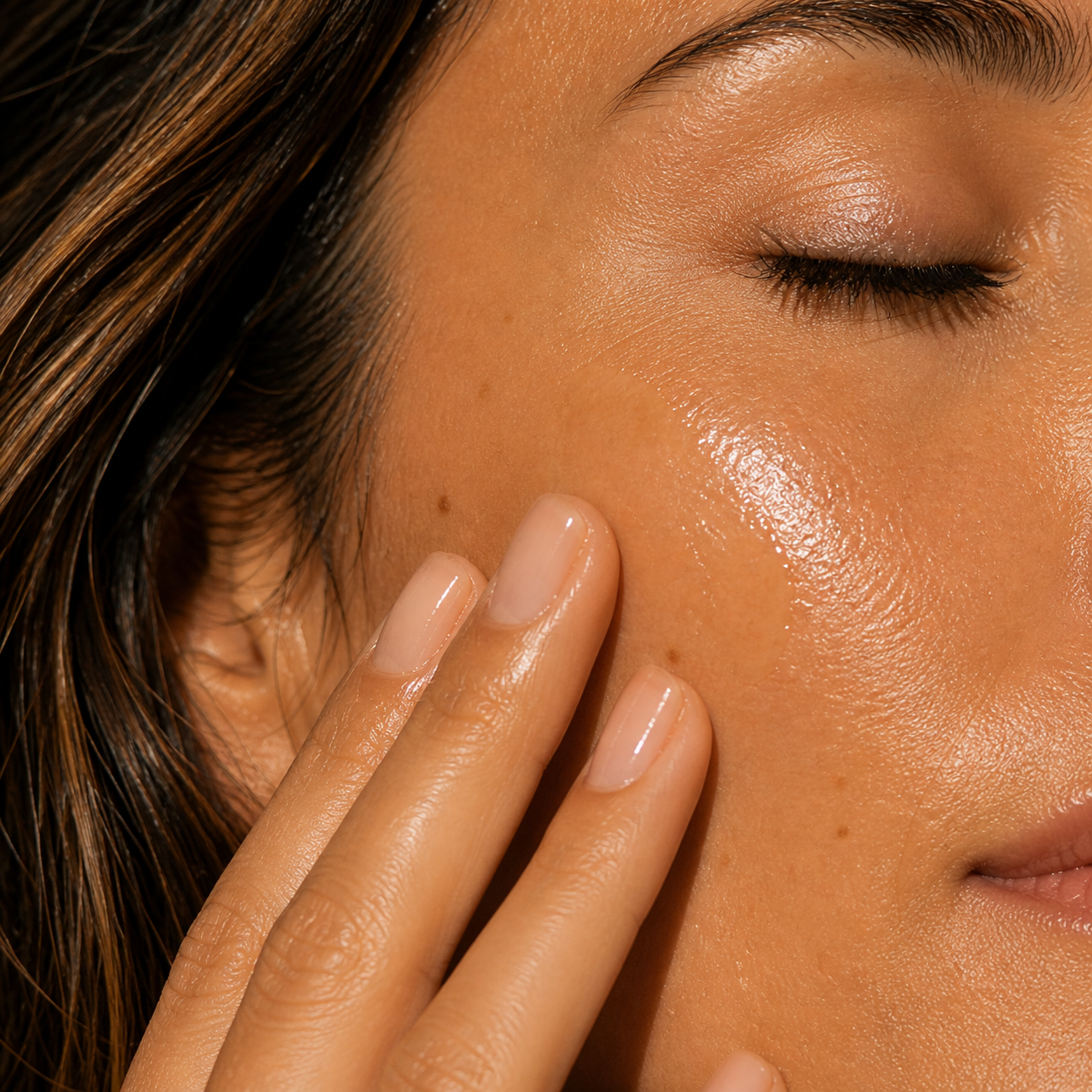 Close-up of a woman's face with natural makeup, showing her eye closed, long brown hair, and gentle skin texture with a few small moles. Her fingers are touching her cheek.