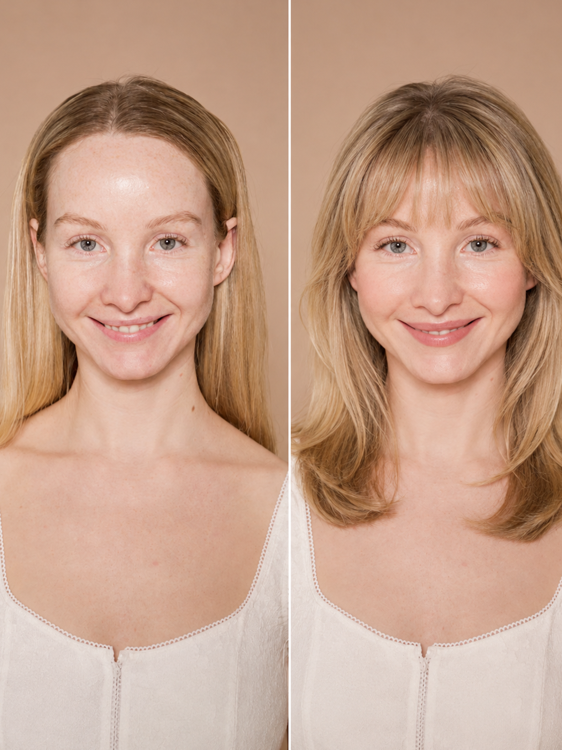 A split-screen image showing a woman before and after a hair transformation, with straight hair on the left and styled, layered hair with bangs on the right.