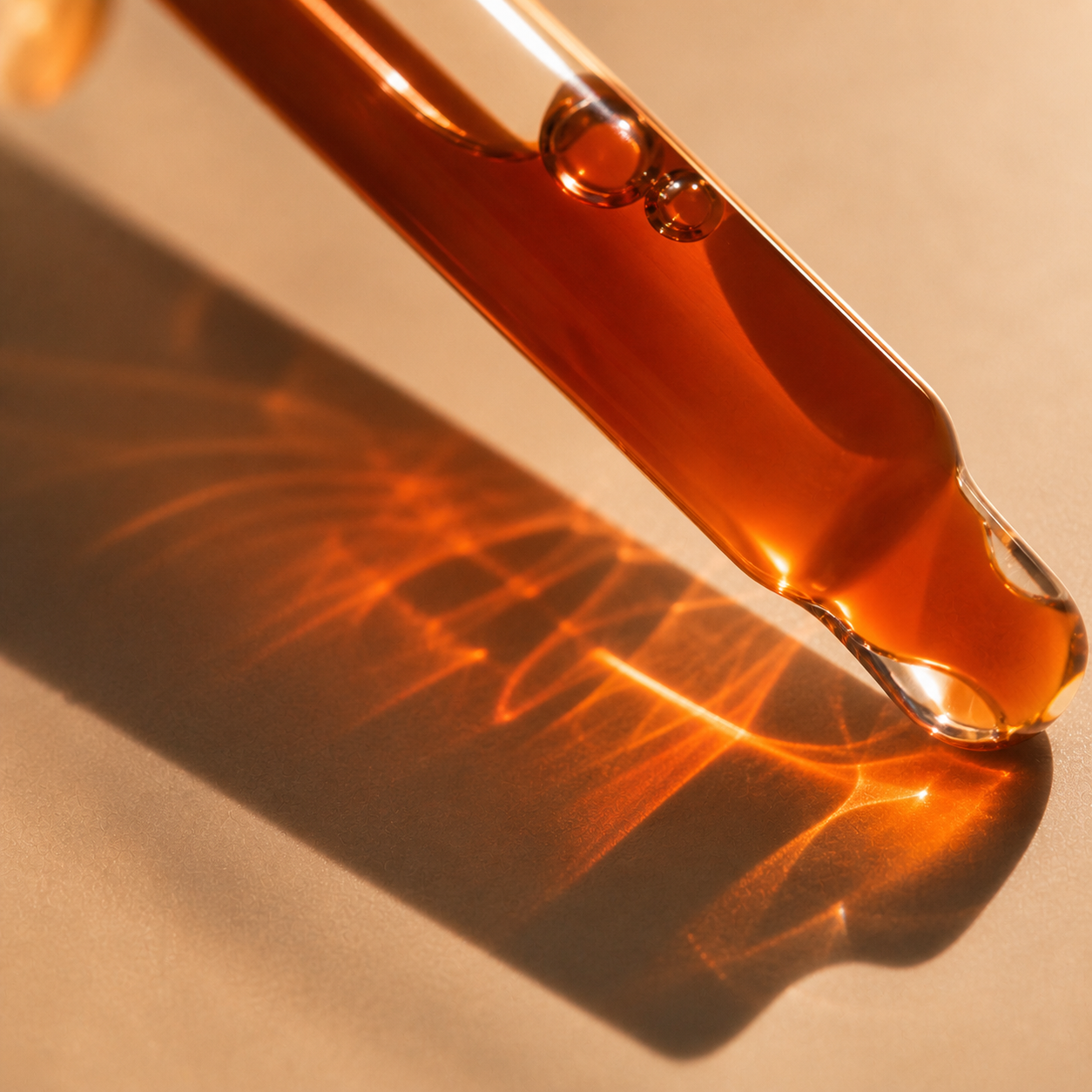 Close-up of a test tube filled with orange liquid, casting an intricate light pattern on the surface below.