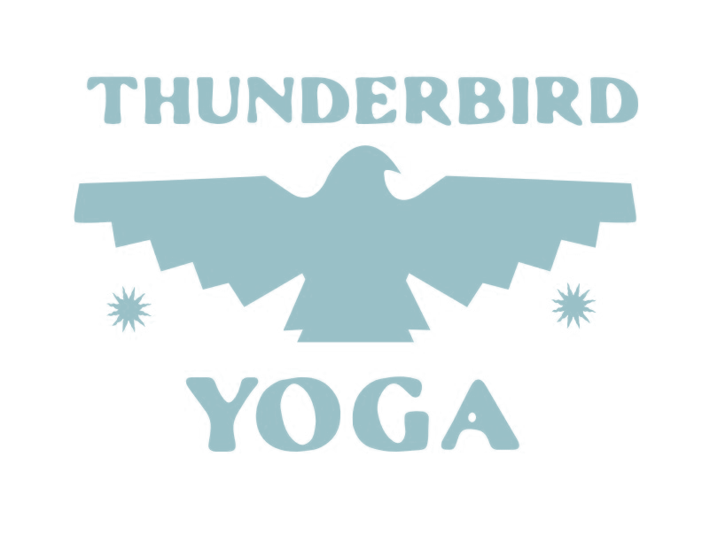 Graphic design with the words "Thunderbird YOGA" and an illustration of a Thunderbird bird with wings spread wide.