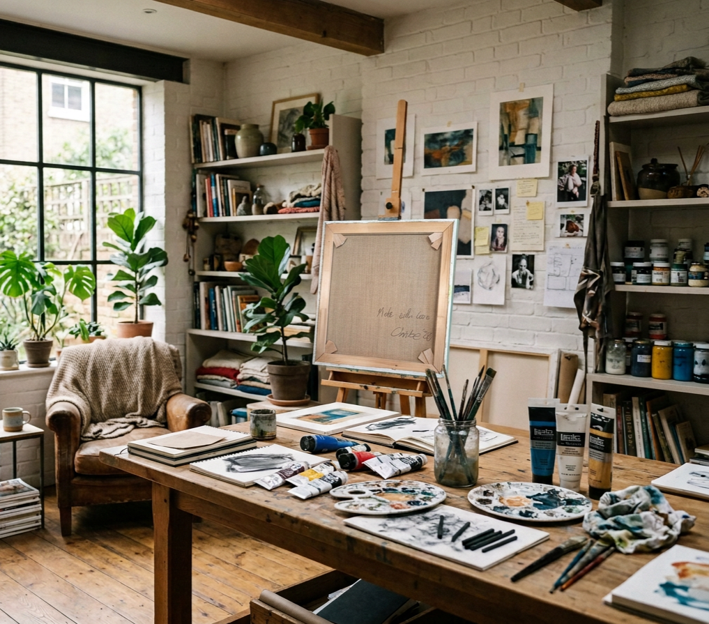 Kunst Atelier mit Tisch, Pinsel, Farben, Bücher, Pflanzen, Regal mit Kunstmaterialien und Fotos an der Wand.