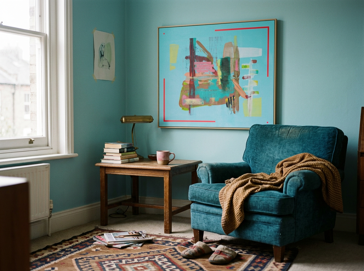 Gemütliches Wohnzimmer mit blauem Sessel, Holzseite, Tapete, Kunstwerk an der Wand, Fenster mit Blick nach draußen, Bücher und Kaffeetasse auf dem Tisch, Zeitschriften auf dem Teppich, Hausschuhe auf dem Boden, Decke über den Arm des Sessels.