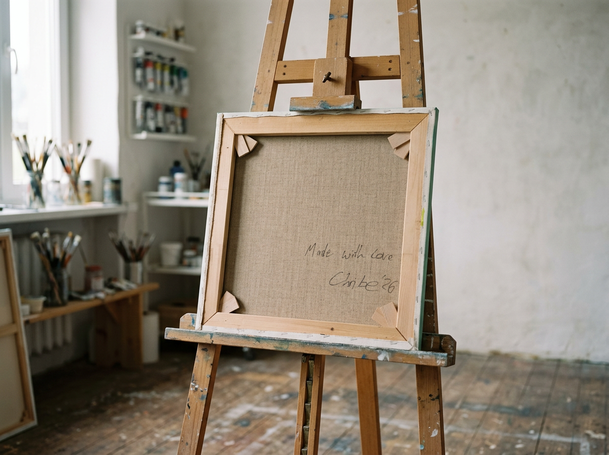 Leinwand auf einer Staffelei in einem Kunststudio, mit dem Schriftzug "Made with Love Chrisbe" auf der Rückseite.