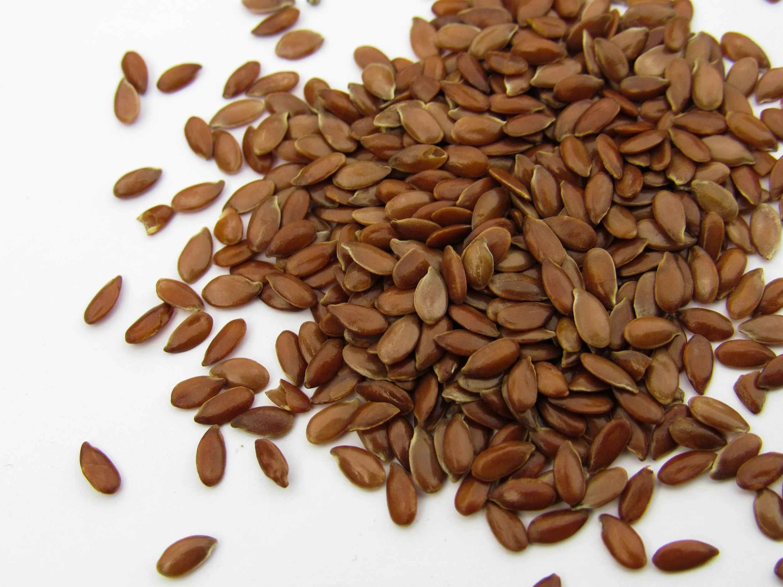 Brown flaxseeds scattered on white background.