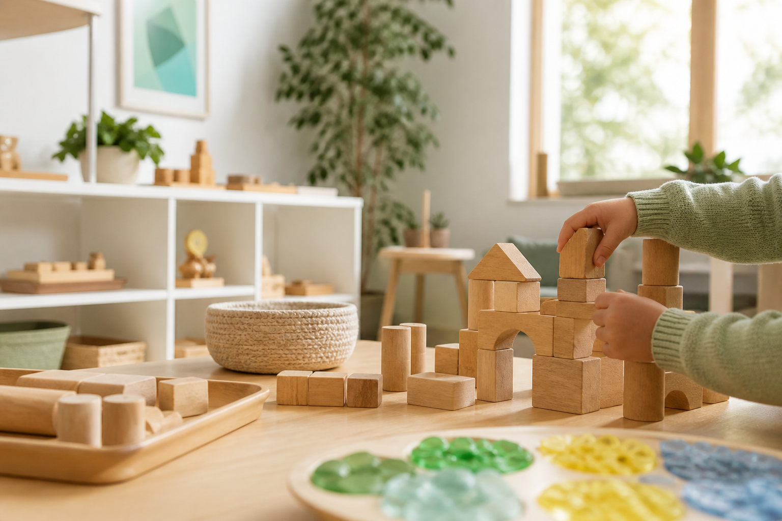 Children’s hands building with wooden blocks in a bright early-learning classroom.