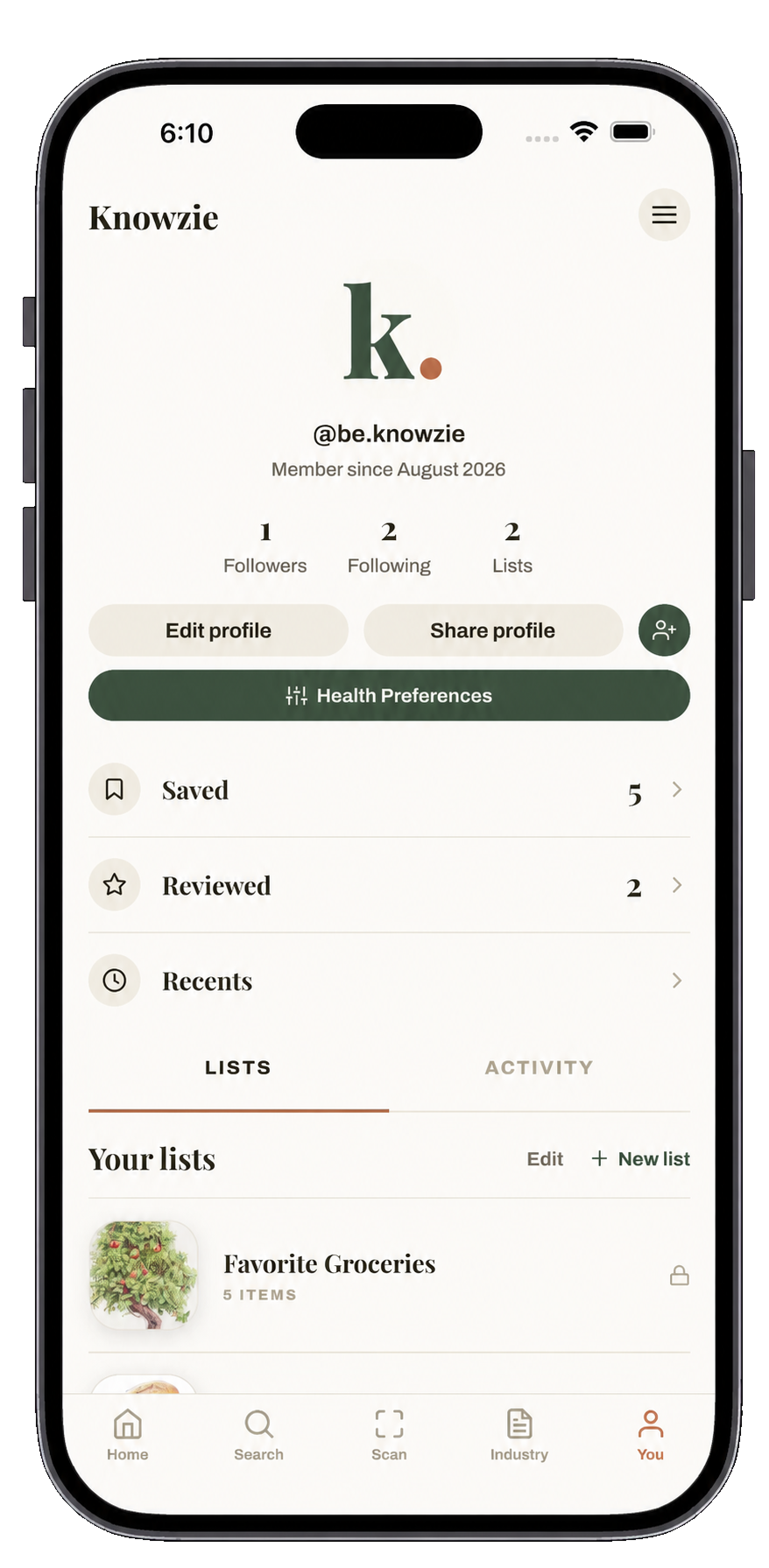 Mobile app screen showing a user profile page on a grocery list app called Knowzie. The profile displays a large letter 'k' on the top, with user info, follower stats, and options to edit or share the profile. There are sections for saved, reviewed, and recent items, with a list of groceries named Favorite Groceries.