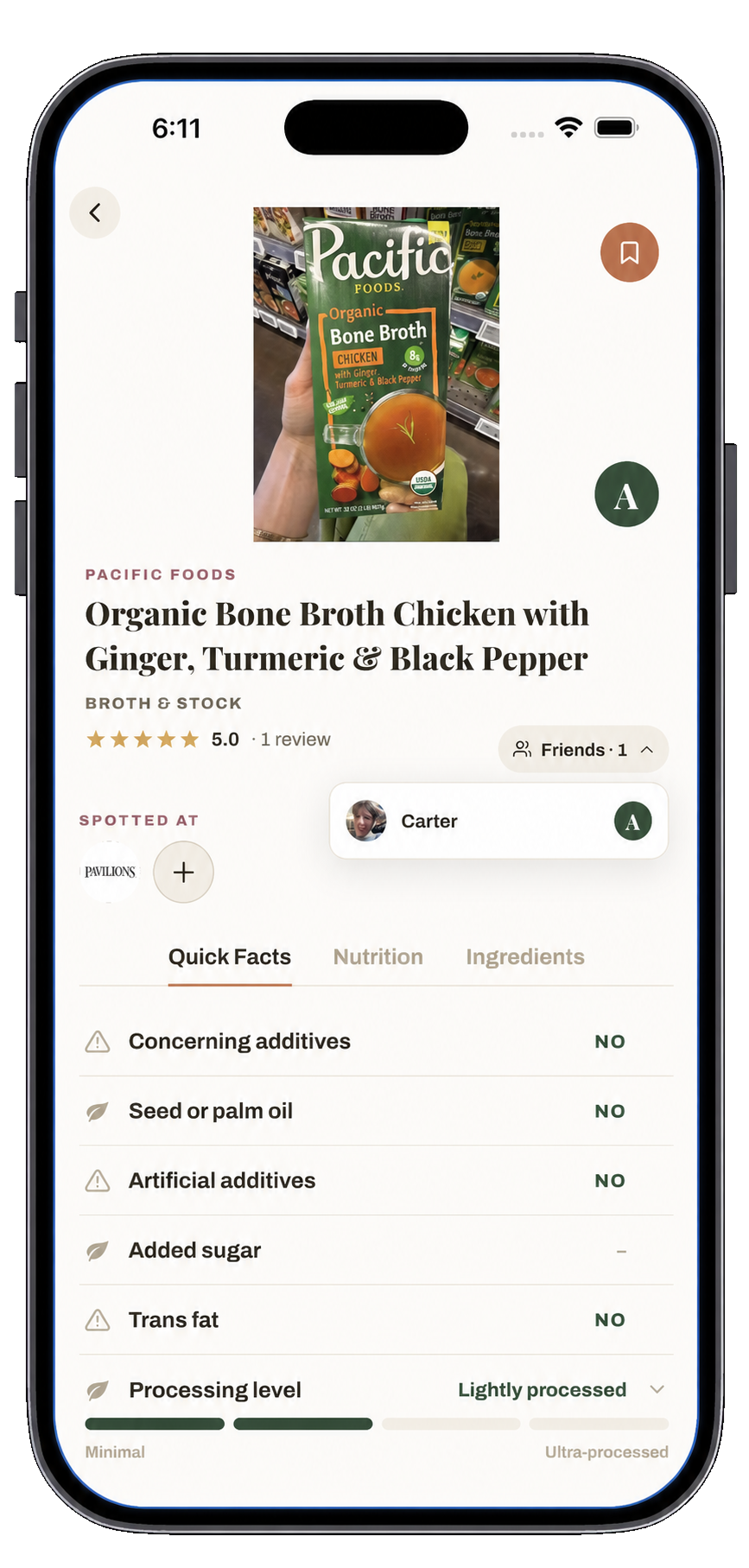 A smartphone screen showing a product page for Pacific Foods Organic Bone Broth Chicken with Ginger, Turmeric & Black Pepper, with a photo of the green broth box at the top.