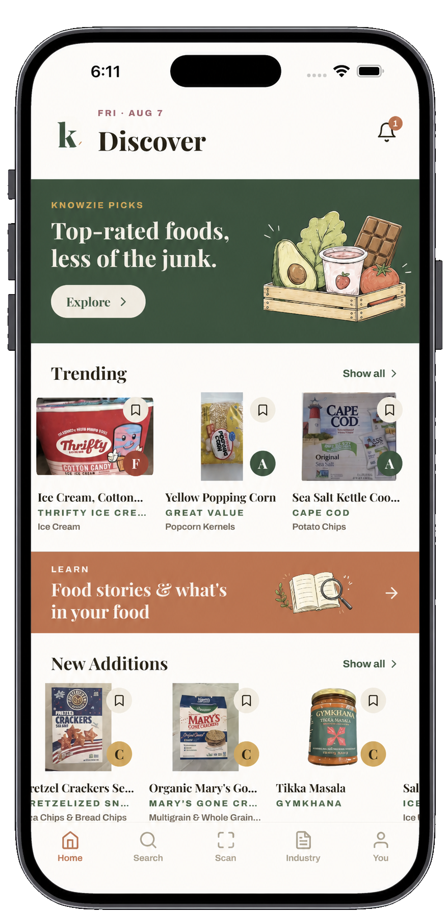 Knowzie Discover screen with personalized food recommendations and safety insights.