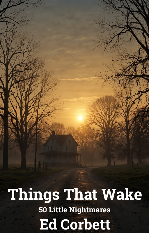 Book cover titled "Things That Wake: 50 Little Nightmares" by Ed Corbett Free Download featuring A rural scene at sunrise with a dirt road leading to a house, surrounded by leafless trees with fog in the air.