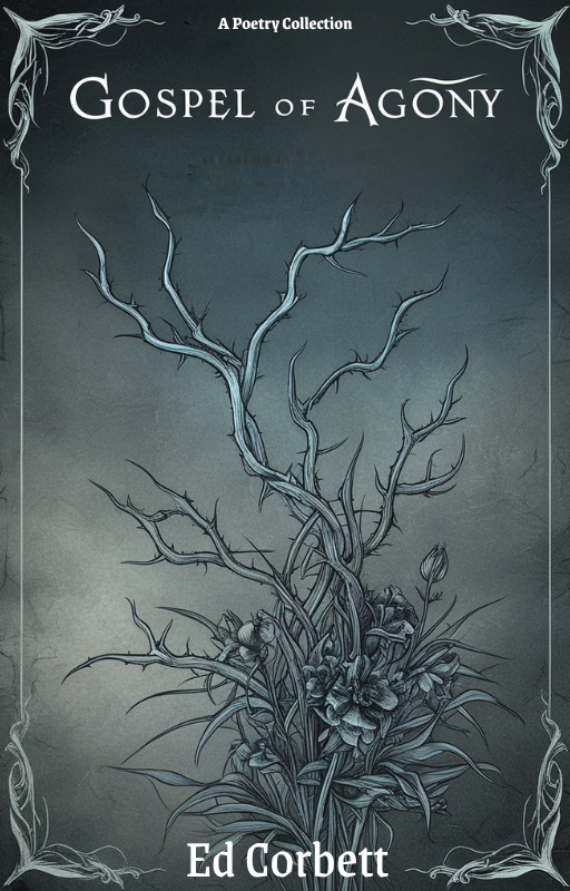 Book cover titled "Gospel of Agony: A Poetry Collection" by Ed Corbett, featuring a greyish illustration of a twisted, leafless, thorny tree with some flowers at the base, framed with ornate corner designs.