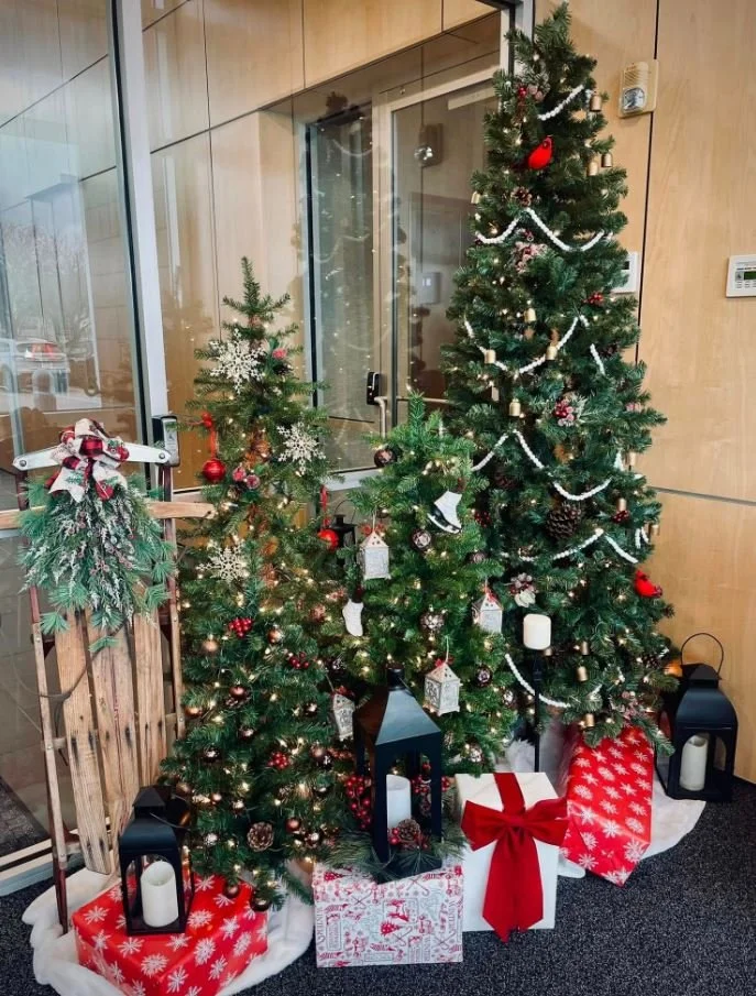 Three decorated Christmas trees with presents underneath, surrounded by lanterns and festive decorations in an indoor setting.