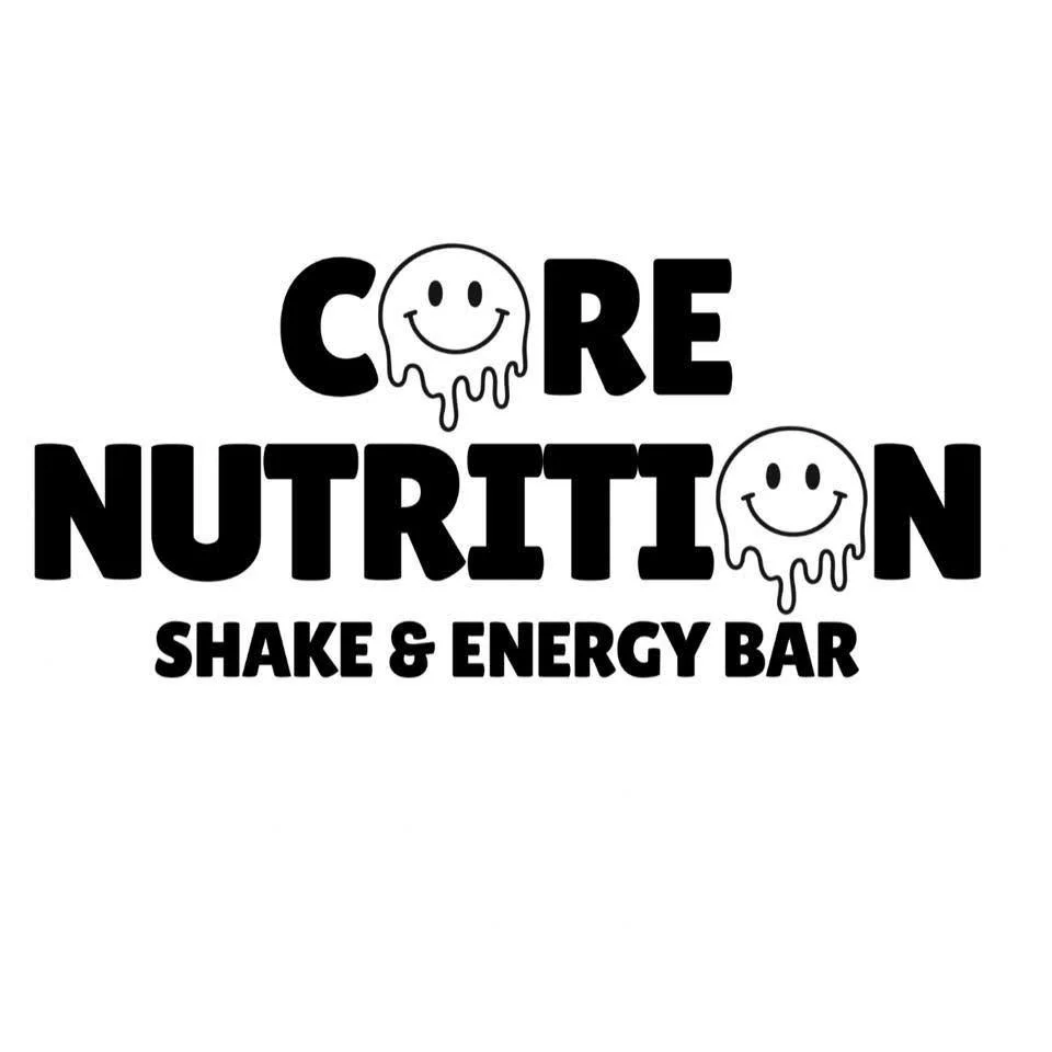Logo with the words 'Core Nutrition Shake & Energy Bar' and two smiling, melting cartoon faces with dripping features in place of the letter 'O'.