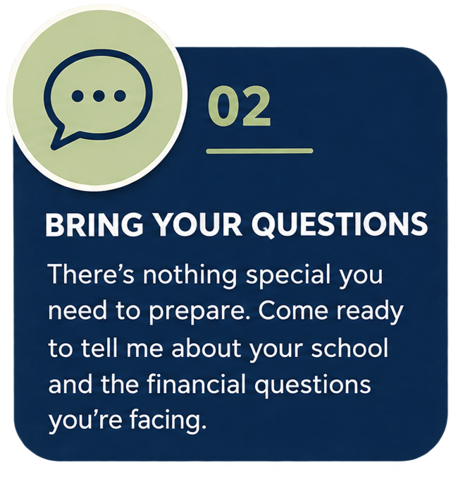 Bring your questions.  There's nothing special you need to prepare.  Come ready to tell me about your school and the financial questions you're facing.