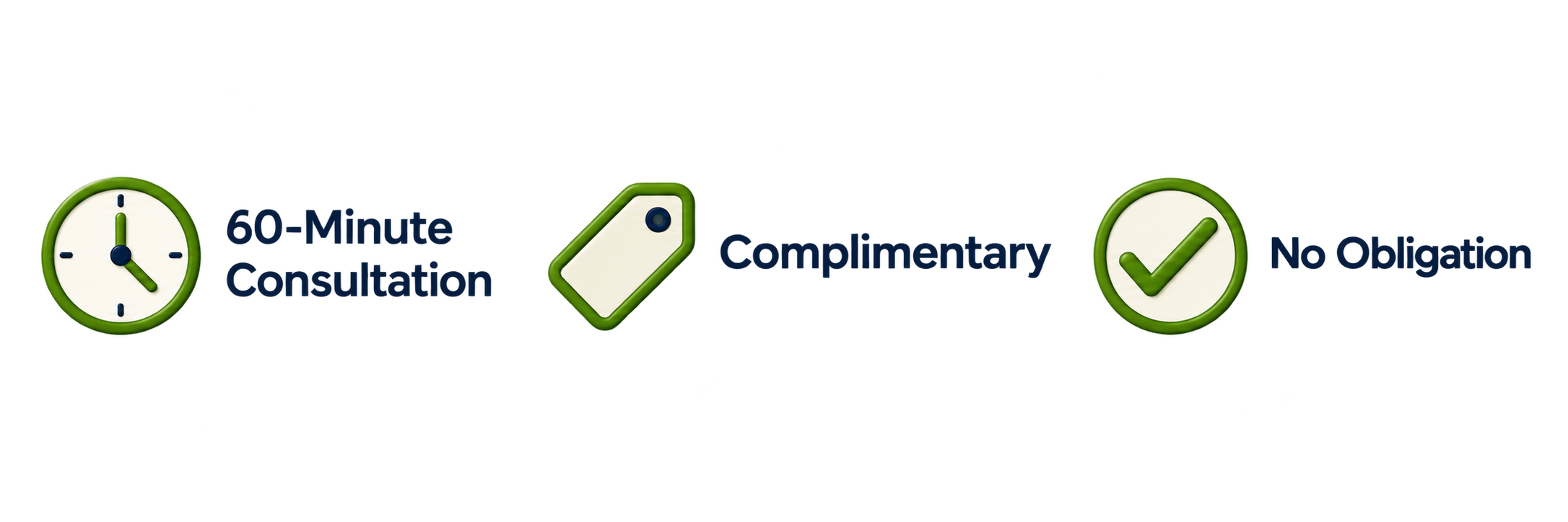 Timeline graphic with icons and text describing a process: a clock icon labeled '60-Minute Consultation,' a tag icon, followed by a checkmark icon labeled 'Complimentary,' and a purple box labeled 'No Obligation.'