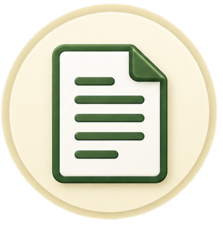Icon of a document with lines of text and a folded corner, in green and white.