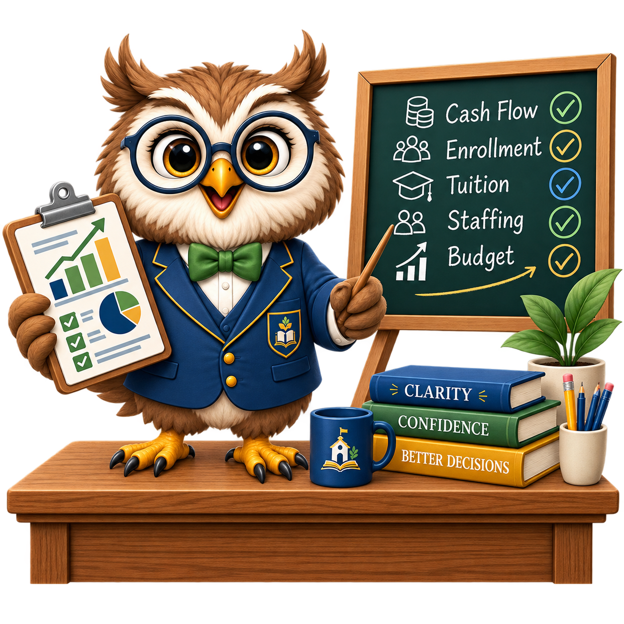 An animated owl dressed in a blue blazer, bow tie, and glasses, standing at a desk with a clipboard and pointing to a blackboard with business and education-related checklists. The desk has books labeled Clarity, Confidence, and Better Decisions, a mug, a plant, and a cup of pens.