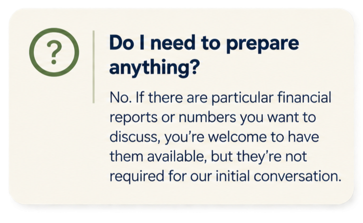 Guide explaining when to prepare financial reports or numbers for an initial conversation, indicating it's not required unless discussing specific financial details.