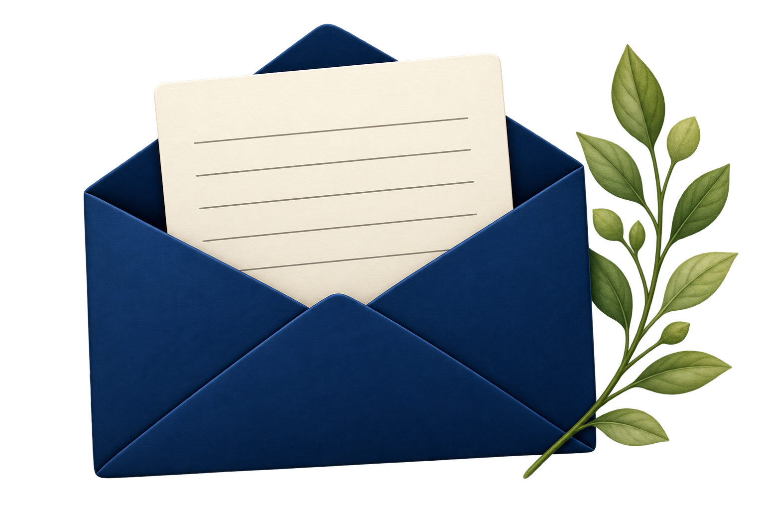 A blue paper envelope with a cream-colored card inside and green leaves beside it.