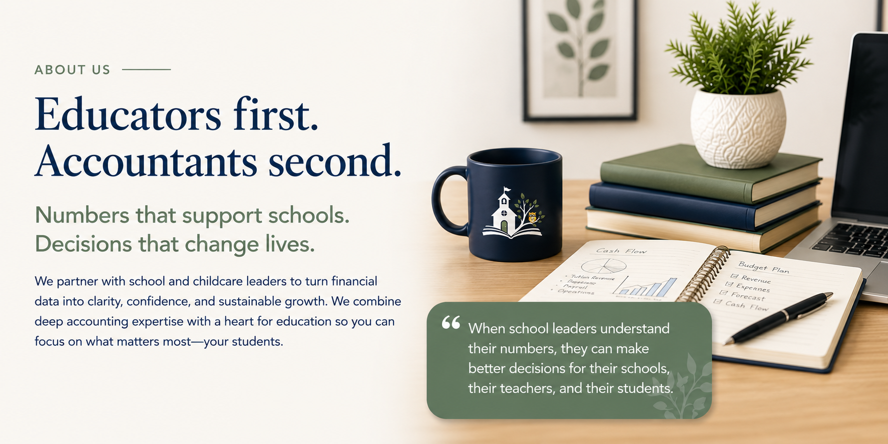 A desktop with a black mug featuring a schoolhouse and owl logo, a notebook with financial notes, a pen, a stack of three books, a potted plant, and a laptop.