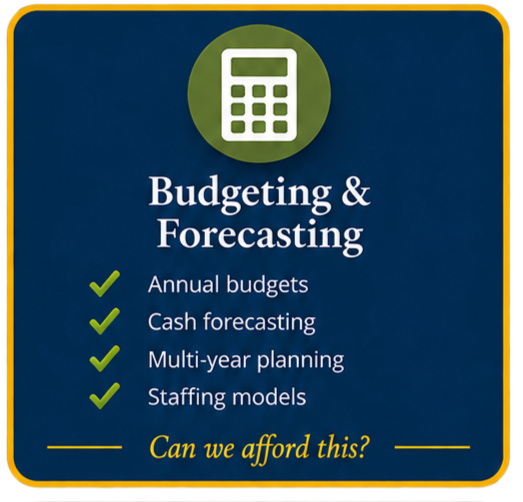 A promotional poster for budgeting and forecasting services, featuring a calculator icon, with items listed such as annual budgets, cash forecasting, multi-year planning, and staffing models, and the question "Can we afford this?" at the bottom.