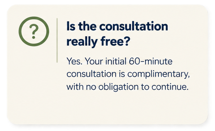Text on a card or screen that reads: 'Is the consultation really free? Yes. Your initial 60-minute consultation is complimentary, with no obligation to continue.' The text is accompanied by a green question mark icon inside a circle on the left side.